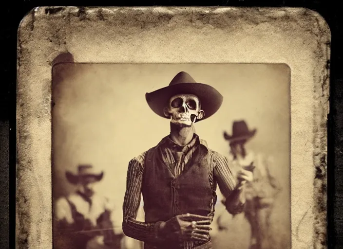 Prompt: hybrid pixar tintype photograph of an renegade skeleton cowboy outlaw at a busy saloon in the old west, alcohol, old player piano, wide angle, volumetric lighting, cinematic, bokeh, octane render