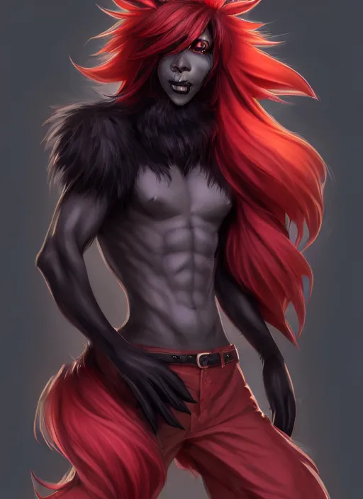 Image similar to character concept art of a black anthropomorphic furry male wolf long red hair | | cute - fine - face, pretty face, key visual, realistic shaded perfect face, fine details by stanley artgerm lau, wlop, rossdraws, james jean, andrei riabovitchev, marc simonetti, and sakimichan, trending on artstation