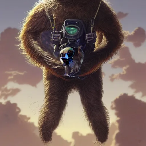 Image similar to detailed science - fiction character portrait of a sloth skydiving, wild, highly detailed, digital painting, artstation, concept art, smooth, sharp focus, illustration, art by artgerm and greg rutkowski and alphonse mucha