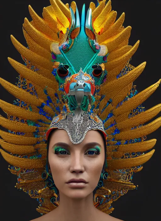 Image similar to 3 d goddess close - up profile portrait. beautiful intricate highly detailed mexican magpie helm and traditional mexican huipil! quetzalcoatl, stingray, bio luminescent, plasma, lava, ice, water, wind, stormy, creature, artwork by tooth wu and wlop and annie leibovitz, octane 3 d render