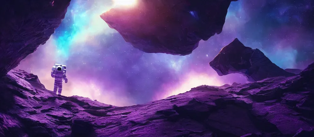 Image similar to astronaut on purple [ [ [ crystal ] ] ] caves, amethyst, beautiful dynamic lighting, nebula sky, cinematic, wide angle establishing shot, extremely high detail, photo realistic, cinematic lighting, matte painting, interstellar, greg rutkowski, roger deakins