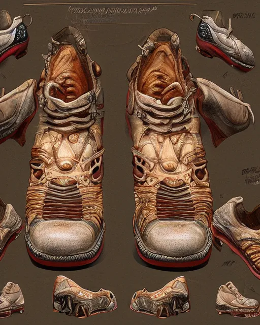 Prompt: shoes design by frank franzetta, biomechanical, 4 k, hyper detailed