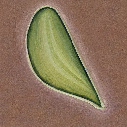 Prompt: detailed painting of a single small seed sitting on loose fresh earth, breaking open to reveal the cotyledon. muted colors and natural tones.