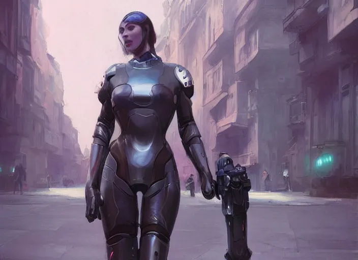 Image similar to girl wearing futuristic space armor walking on a street in prague, official art, by artgerm, by jeremy lipking, realistic expressive digital art, gorgeous attractive face, cgscociety