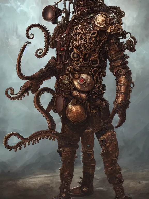 Image similar to full body portrait of single warrior with steampunk octopus armour, character design, digital painting, 4 k hd, octane render, intricate and highly detailed, coloured with lots of colour, cinematic,