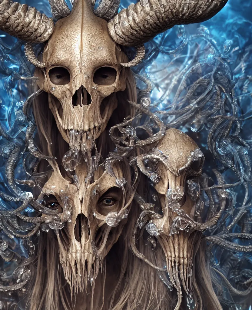 Image similar to close-up macro portrait of the face of a beautiful princess with ram animal skull mask, epic angle and pose, ribcage skeleton symmetrical artwork, 3d with depth of field, blurred background, cybernetic jellyfish female face phoenix bird, translucent, nautilus, energy flows of water and fire. a highly detailed epic cinematic concept art CG render. made in Maya, Blender and Photoshop, octane render, excellent composition, cinematic dystopian brutalist atmosphere, dynamic dramatic cinematic lighting, aesthetic, very inspirational, arthouse. y Greg Rutkowski, Ilya Kuvshinov, WLOP, Stanley Artgerm Lau, Ruan Jia and Fenghua Zhong