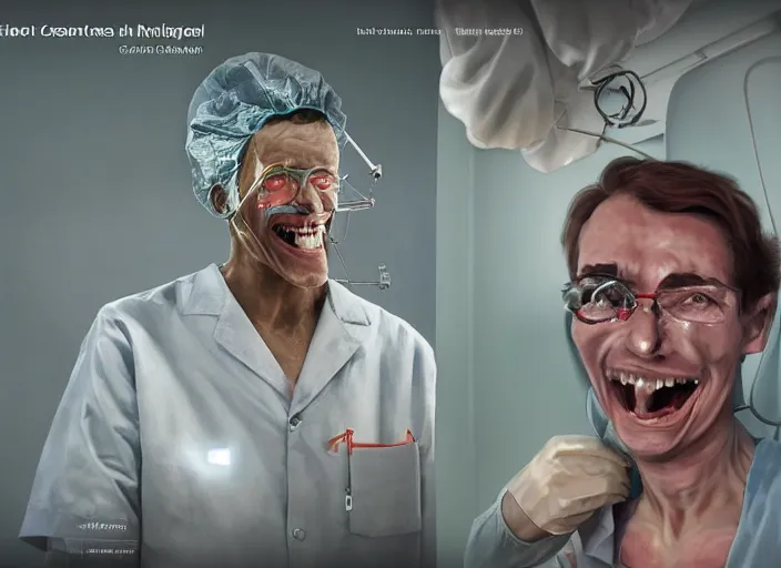 Image similar to a happy patient just cured from schizophrenia by power of cutting edge science in brightly lit modern soviet hospital trending on Artstation