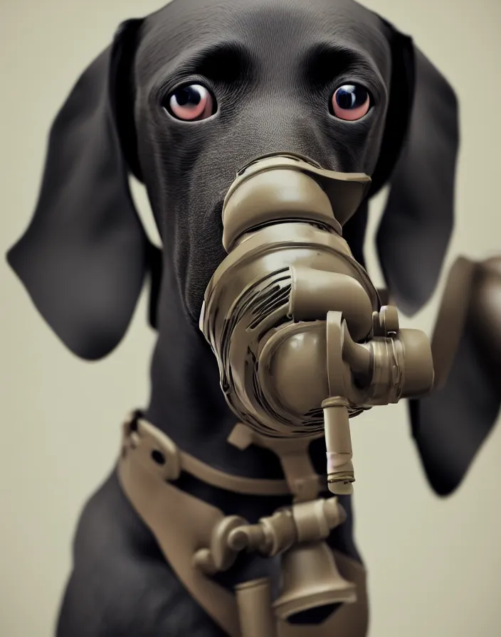 Prompt: photo of all black wiener dog wearing a gas mask. Trending on artstation, award winning. Octane render, 4k, 8k, unreal 5, very detailed, hyper control-realism, depth of field.