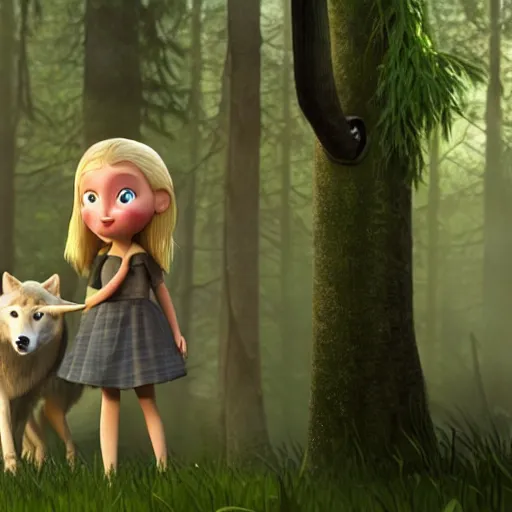 Image similar to young seven year old girl, blond hair green eyes, rinding a gray wolf, in a dark forest, still from a pixar disney movie