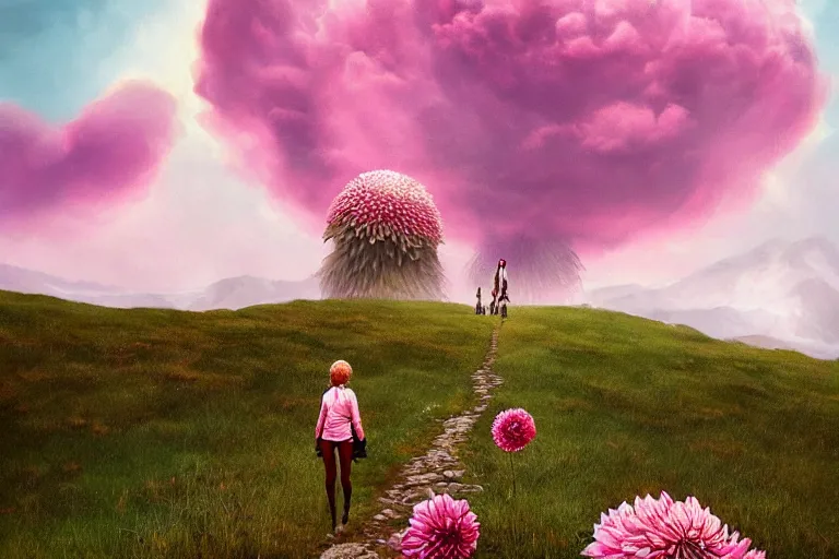 Image similar to giant dahlia flower head, girl walking on mountain, surreal photography, pink storm clouds, dramatic light, impressionist painting, digital painting, artstation, simon stalenhag