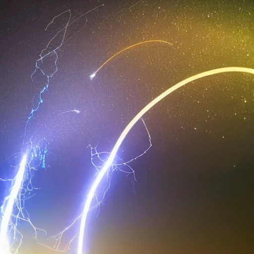 Prompt: award winning ethereal blue arc lightning atmospheric glowing gold and sparks collide in the universal space