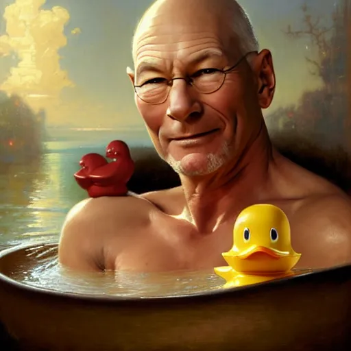 Image similar to fully clothed patrick stewart in a bathtub with a rubber duck, highly detailed painting by gaston bussiere, j. c. leyendecker, greg rutkowski, craig mullins 8 k