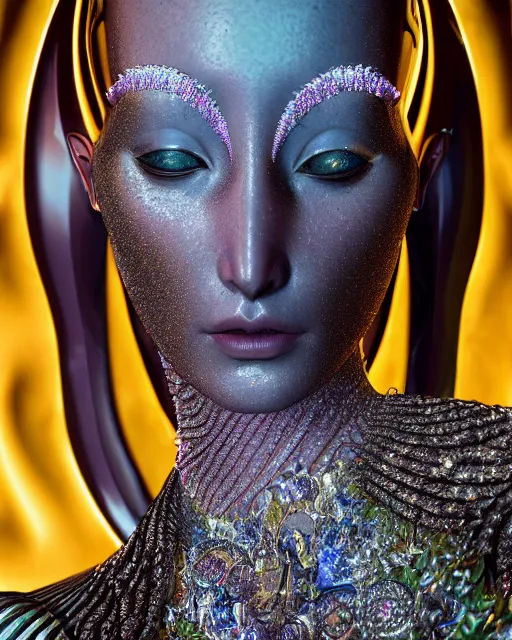 Image similar to a highly detailed metahuman 4 k close up render of an alien goddess bella hadid as alien in iris van herpen dress schiaparelli in diamonds crystals swarovski and jewelry iridescent in style of alphonse mucha gustav klimt trending on artstation made in unreal engine 4