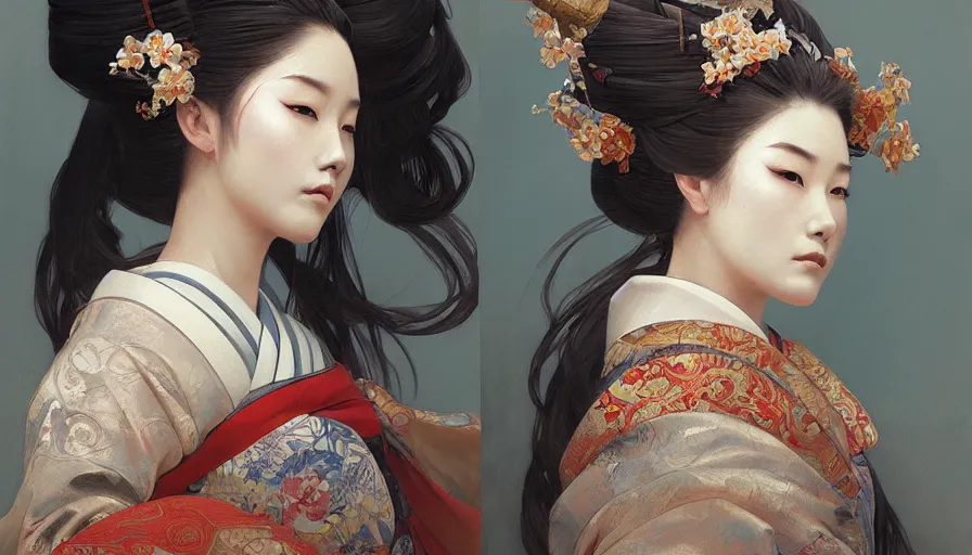 Image similar to a beautiful realistic painting of a geisha girl and a samurai warrior, intricate, elegant, highly detailed, digital painting, artstation, concept art, by krenz cushart and artem demura and alphonse mucha