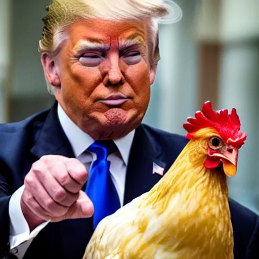 Image similar to donald trump holding a chicken, portrait,