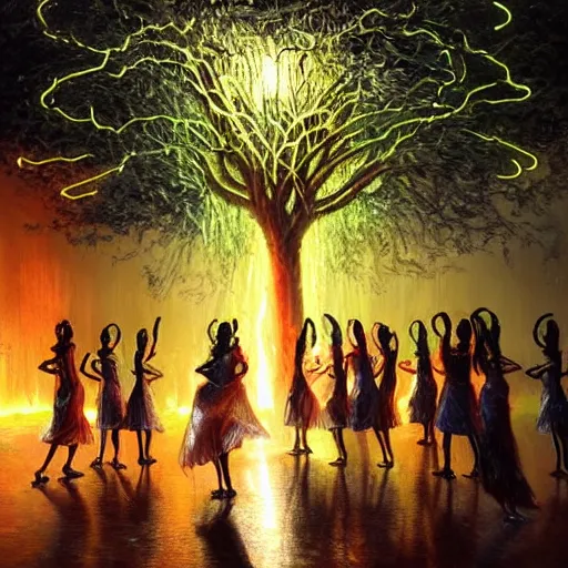 Prompt: african women dancing around a glowing, energized, steampunk neon portal near the electric tree of life in a lightning storm, by greg rutkowski. oil on canvas, afropunk!, detailed and intricate environment, radiant lighting. highly detailed. masterpiece