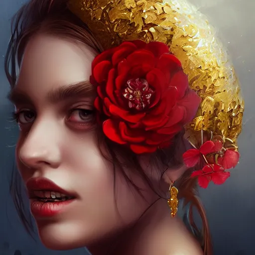 Image similar to A potrait of a women skull head with gold and red flowers, digital painting, by Stanley Artgerm Lau, WLOP, Rossdraws, LeraPi, and Sakimichan, digital painting, trending on ArtStation, deviantart, SFW version