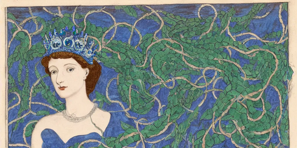 Image similar to portrait of the queen of snakes, pale blue, emerald, sapphire, wearing a crown of vines, moonlit