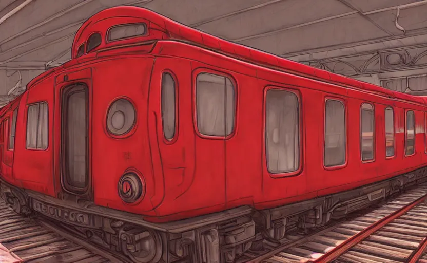 Prompt: a old red train parked in a train station, anime style, pixar and disney style, cartoon, high coherence, highly detailed, high quality, 4 k, symmetrical, low contrast, soft lighting, path traced, high color vibrance, hyperrealistic, digital art, concept art, trending on deviantart, masterpiece, digital painting, serene scene, vintage, elegant