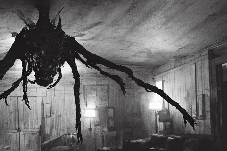 Image similar to film still of an oily monster abomination with carapace and antennae clinging to the ceiling of an old cabin's living room, horror movie, eerie, creepy, dark, amazing lighting, great cinematography, directed by scott derrickson