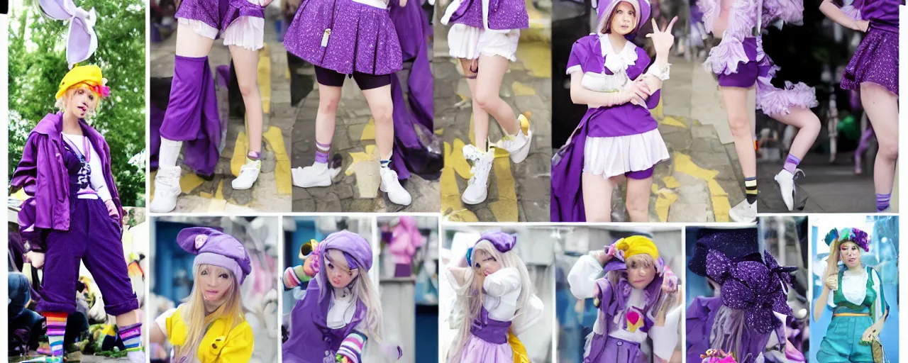 Image similar to A character sheet of a cute magical girl with short blond hair and freckles wearing an oversized purple Beret, Purple overall shorts, Short Puffy pants, pointy jester shoes, a big yellow scarf, and white leggings. Rainbow accessories all over. Photo Collage. By Seb McKinnon. Decora Fashion. harajuku street fashion. Cosplay. E-Girl. Kawaii Design. Intricate. Highly Detailed. Photorealistic. Sunlit