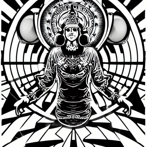 Image similar to svg vector sticker of absolutely divine-deity-angel, rocking out, wearing headphones, huge speakers, dancing, rave, DJ, spinning records, digital art, amazing composition, rule-of-thirds, award-winning, trending on artstation, featured on deviantart, uncropped, white-space, far-back, complete-subject