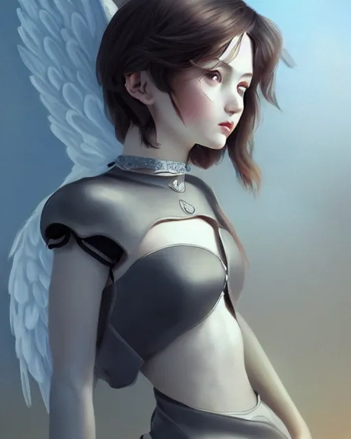Image similar to ilya kuvshinov. an infinitely detailed portrait of a frail and pale female peace angel elegantly. fully - clothed full - body, beautiful! scenery art!! coherent! by wlop. victorian armor trim, cold color palette, artstation / pixiv!! elegantly armored angel portrait full - body, dreamy art