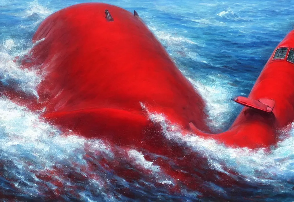 Image similar to realistic oil painting of a submarine in a red ocean!!