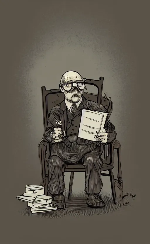 Prompt: old man, work, vintage dress, sittin, chair, book, gasmask, do, what, we, can, then, leave, it, to, god, non fiction, stability, intricate, elegant, 8 k, uhd, justify, content, center, artstation, concept art, matte, sharp focus, illustration, consistent, one content