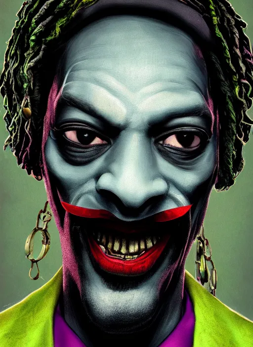 Image similar to portrait of snoop dogg as joker, hyper detailed, digital art, trending in artstation, cinematic lighting, studio quality, smooth render, unreal engine 5 rendered, octane rendered, art style by klimt and nixeu and ian sprigger and wlop and krenz cushart.