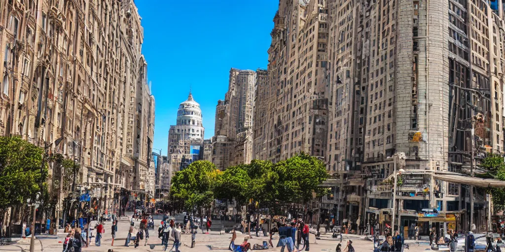 Image similar to large city, ground level shot, sunny day, beautiful, national geographic, professional photography, detailed buildings, 8k, DSLR, HDR,