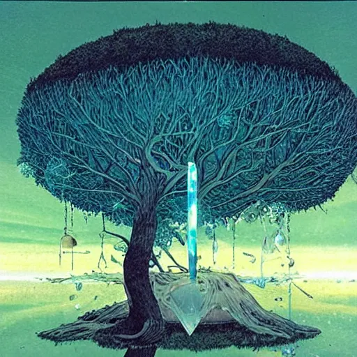 Image similar to a large tree growing from a crystal that is floating in space, by moebius