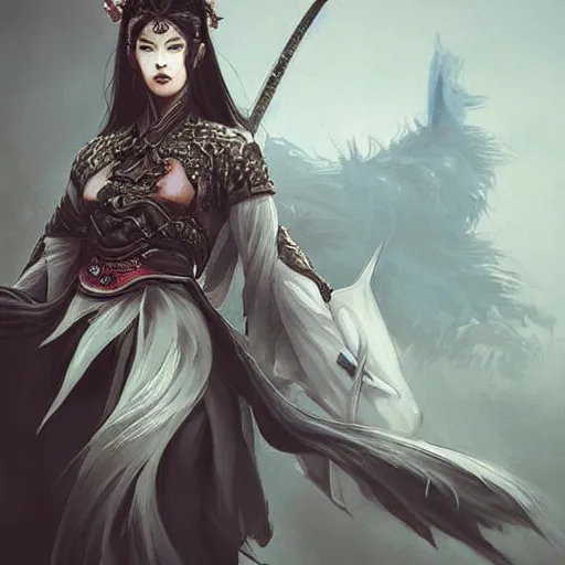 Prompt: An epic fantasy comic book style portrait painting of a gorgeous sword dance Chinese costume woman , by WLOP trending on artstation & pinterest, long hair, smoke, full body XIANXIA, Chinese temple, depth of field by Yoji Shinkawa 4k