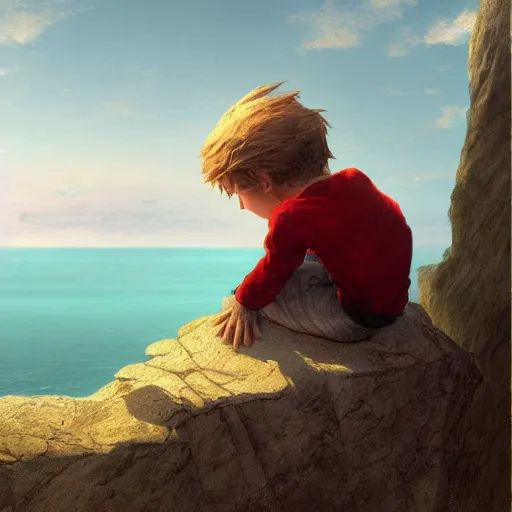 Prompt: A little boy sitting on a cliff staring at the horizon, Graceful body structure,cute,Symmetrical face,highly detailed,elegant,Marc Simonetti and Caspar David Friedrich, Trending on artstation