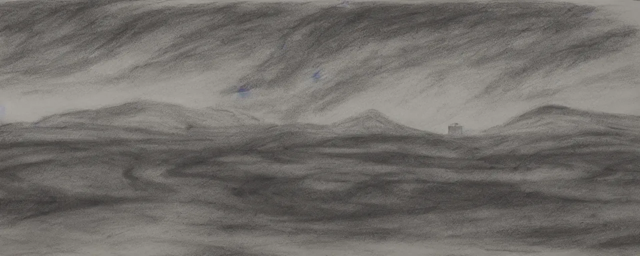 Prompt: charcoal drawing of landscape at sunrise on a scroll