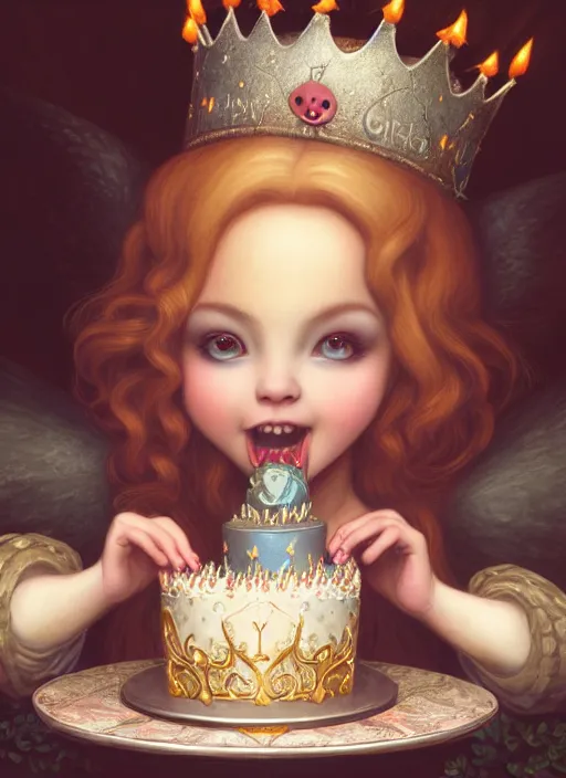 Image similar to highly detailed closeup portrait of a grinning fairytale medieval princess eating birthday cake, unreal engine, nicoletta ceccoli, mark ryden, lostfish, earl norem, global illumination, god rays, detailed and intricate environment