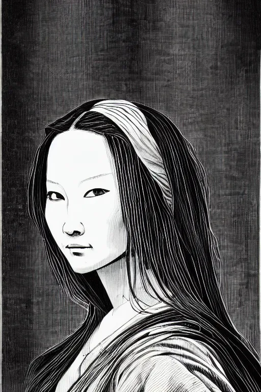 Image similar to beautiful portrait of a woman, negative no not mona lisa pose, highly detailed ink illustration of a dark alley of taipei, b & w clean shaped illustration by kim jung gi, ric estrada, ron english and eiichiro oda