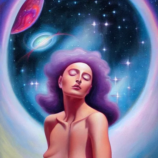 Image similar to A beautiful painting of feminine cosmic being with a nebula as its body by Jim Burns, Trending on artstation.