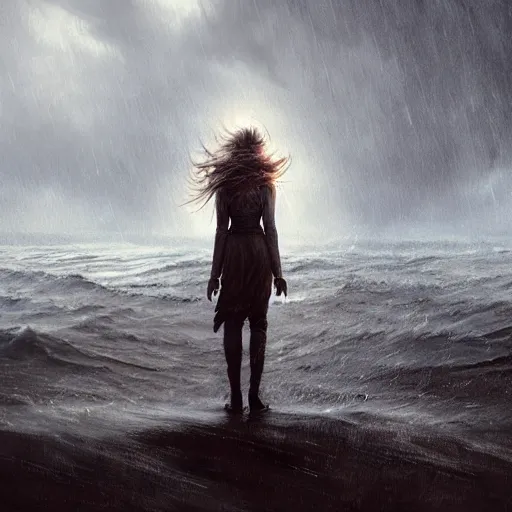 Image similar to concept art, facing the back of a womand standing alone in the middle of a sea storm, thunderstom, rain, medieval, dark concept art, dark skies painting by wlop, nixeu and greg rutkowski, beautiful, semirealism, artstation, octane render, oil painting, sharpness, 8 k, golden ratio