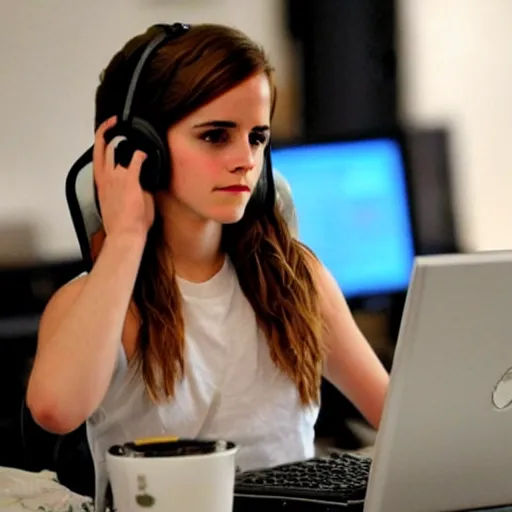 Prompt: Emma Watson on her computer playing World of Warcraft. Ungroomed. Unshowered. Bad Hair Day.