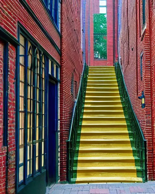 Prompt: golden staircase ascending towards the green staircase ascending towards the blue staircase ascending towards the red brick staircase ascending towards the moon