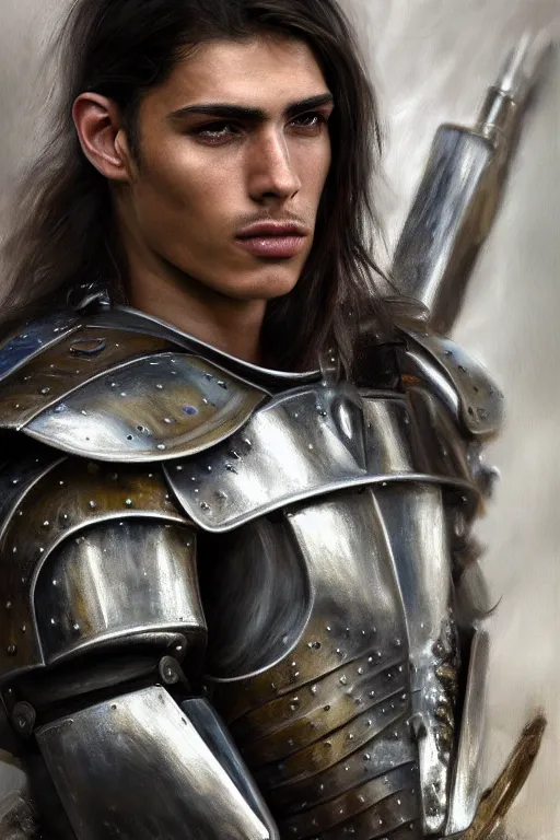 Image similar to a photorealistically painted portrait of a rugged young man, partially clothed in metal-plated battle armor, with an abstractly painted background, flawless olive skin, fair complexion, long dark hair, beautiful bone structure, perfectly symmetric facial features, perfect photorealistic eyes, muscular physique, intricate, elegant, digital painting, concept art, finely detailed, beautifully illustrated, sharp focus, minimal artifacts, volumetric lighting, from DOOM and Halo, by Ruan Jia and Mandy Jurgens and Artgerm and William-Adolphe Bouguerea, in the style of Greg Rutkowski, trending on Artstation, award winning art