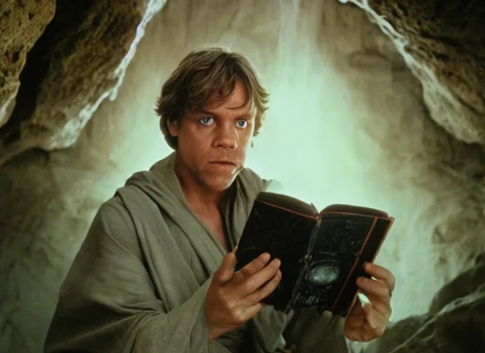 Image similar to detailed photo of Luke skywalker uncovering the secrets of the ancient jedi texts. a glowing book with infinite knowledge, the oracle speaks, a dark pink hazy ethereal cave from Indiana jones, adventure film, screenshot from the 1983 film, Photographed with Leica Summilux-M 24 mm lens, ISO 100, f/8, Portra 400