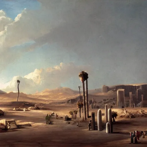 Image similar to painting of a city in a desert next to a gigantic geyser