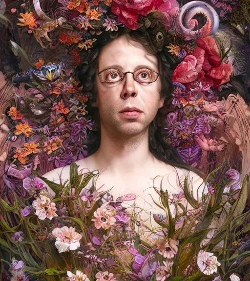 Image similar to portrait of the todd solondz of the underworld, surrounded by flowers by karol bak, james jean, tom bagshaw, rococo, trending on artstation, cinematic lighting, hyper realism, octane render, 8 k, hyper detailed.