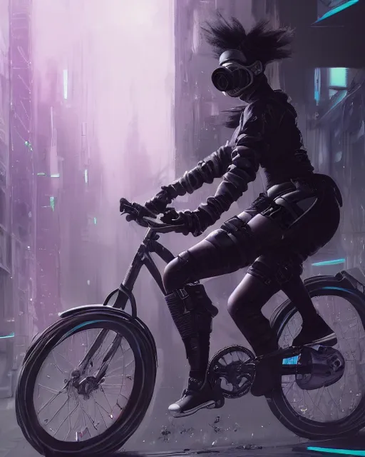 Image similar to girl wearing cyberpunk intricate streetwear riding bike, respirator, detailed portrait, cell shaded, 4 k, concept art, by wlop, ilya kuvshinov, artgerm, krenz cushart, greg rutkowski, pixiv. cinematic dramatic atmosphere, sharp focus, volumetric lighting, cinematic lighting, studio quality