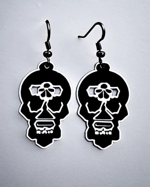 Image similar to spooky cartoon skull, 2 d lasercut earrings, in the style of moebius