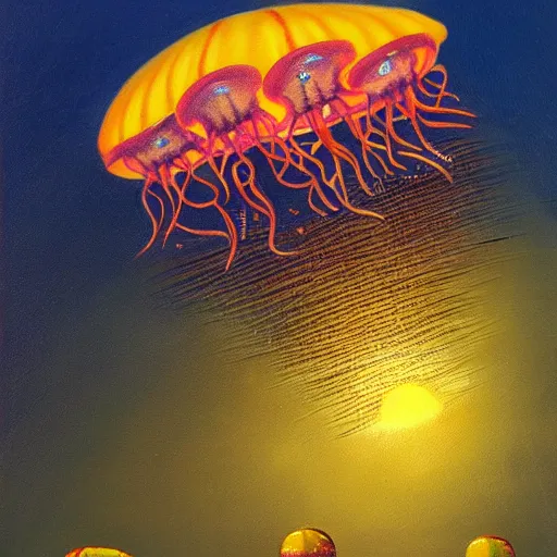 Image similar to a beautiful painting of a group of jellyfish fly in sunset by Angus Mckie, Trending on artstation