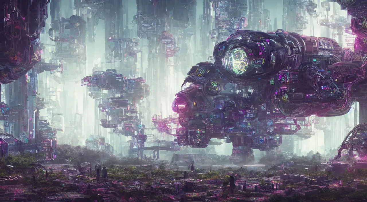 Image similar to biophilic cyborg with psychedelic eyes in a cyberpunk landscape, ultra realistic, concept art, intricate details, highly detailed, photorealistic, octane render, 8 k