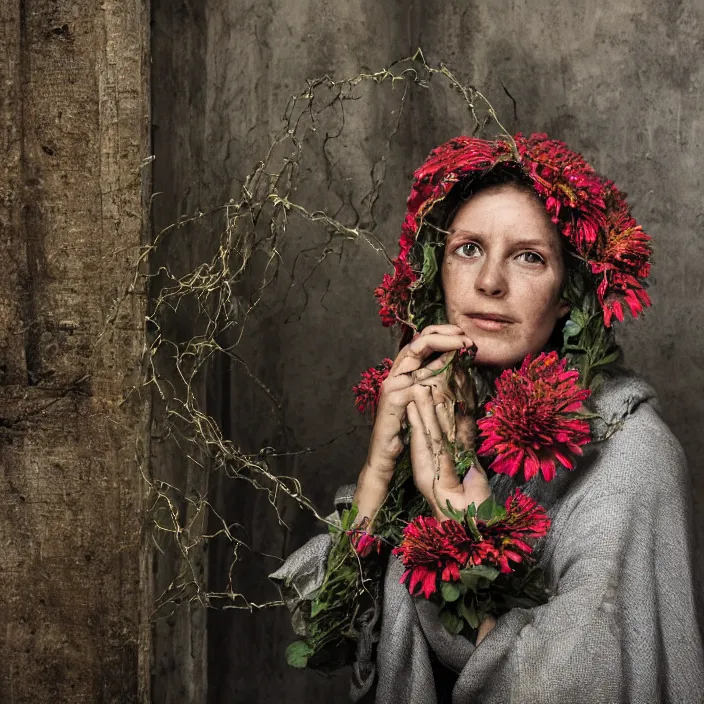 Image similar to a closeup portrait of a woman wearing a hooded cloak made of zinnias and barbed wire, in a derelict house, by Helen Warner, natural light, detailed face, CANON Eos C300, ƒ1.8, 35mm, 8K, medium-format print